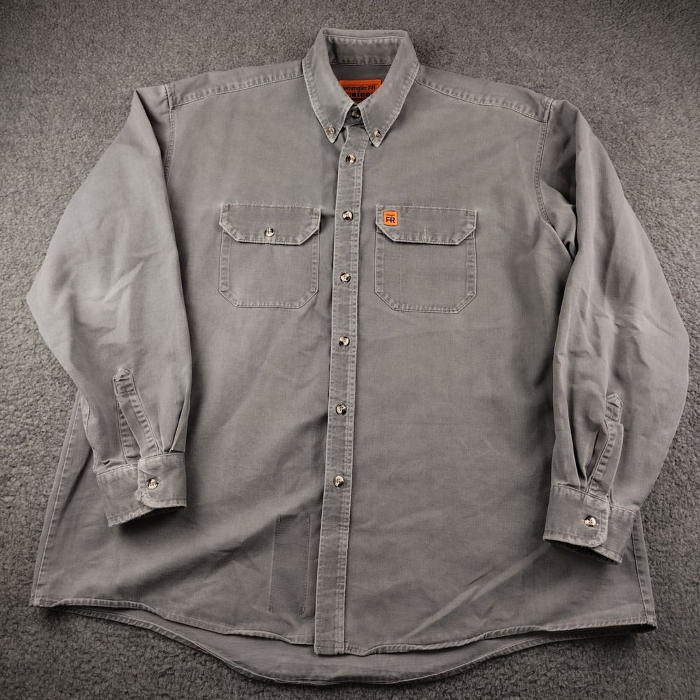 Wrangler FR Shirt Mens Large Riggs Workwear Grey Button Down Shirt Flame Resist